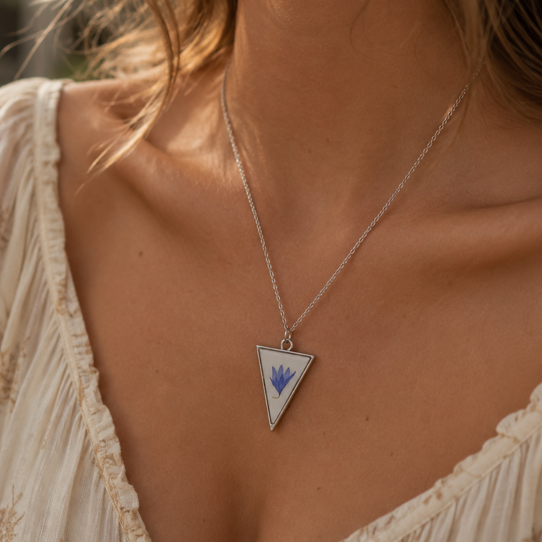 Pressed Blue Bachelor's Button Necklace | Triangle Pendant