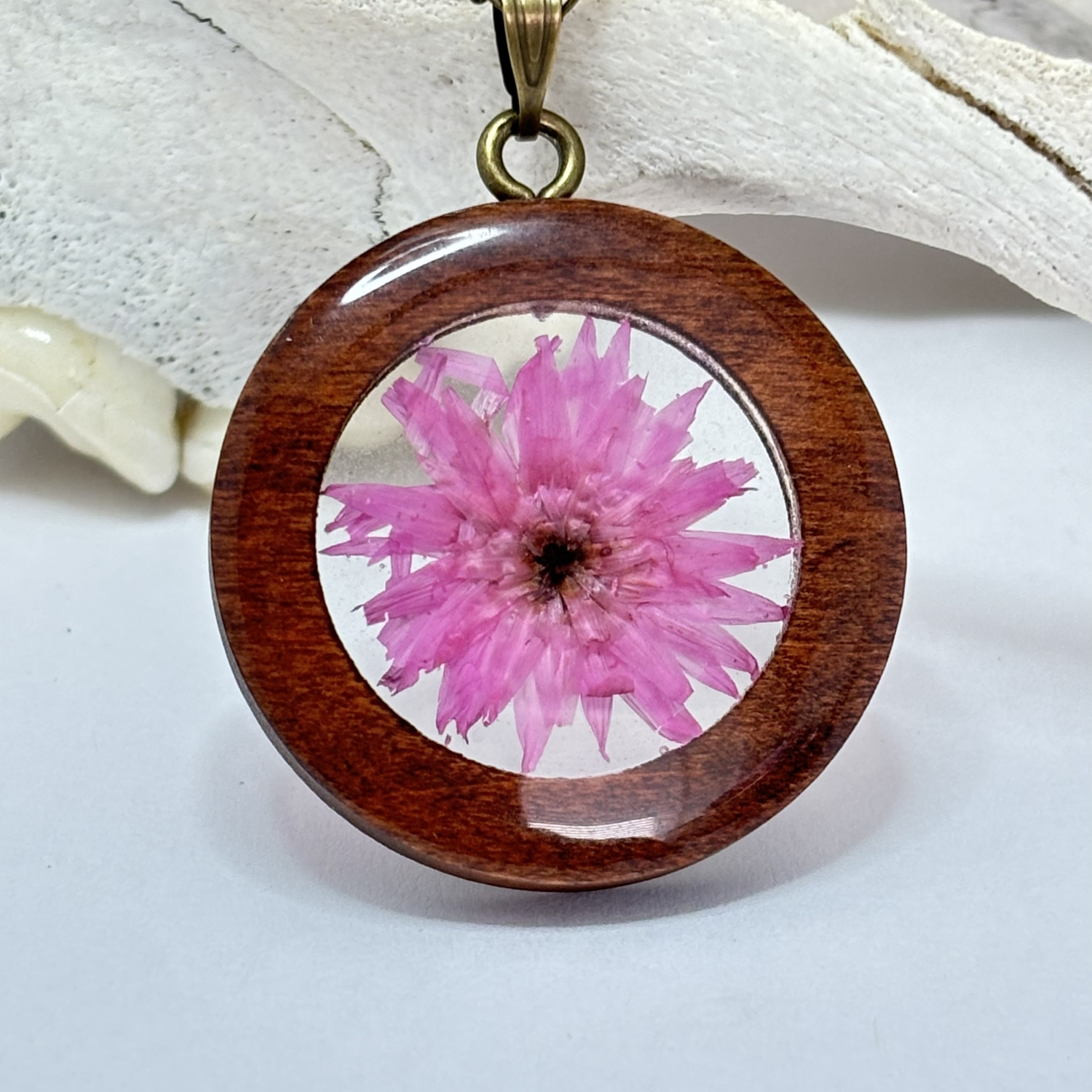 Pressed aster flower necklace with wood frame and bronze chain