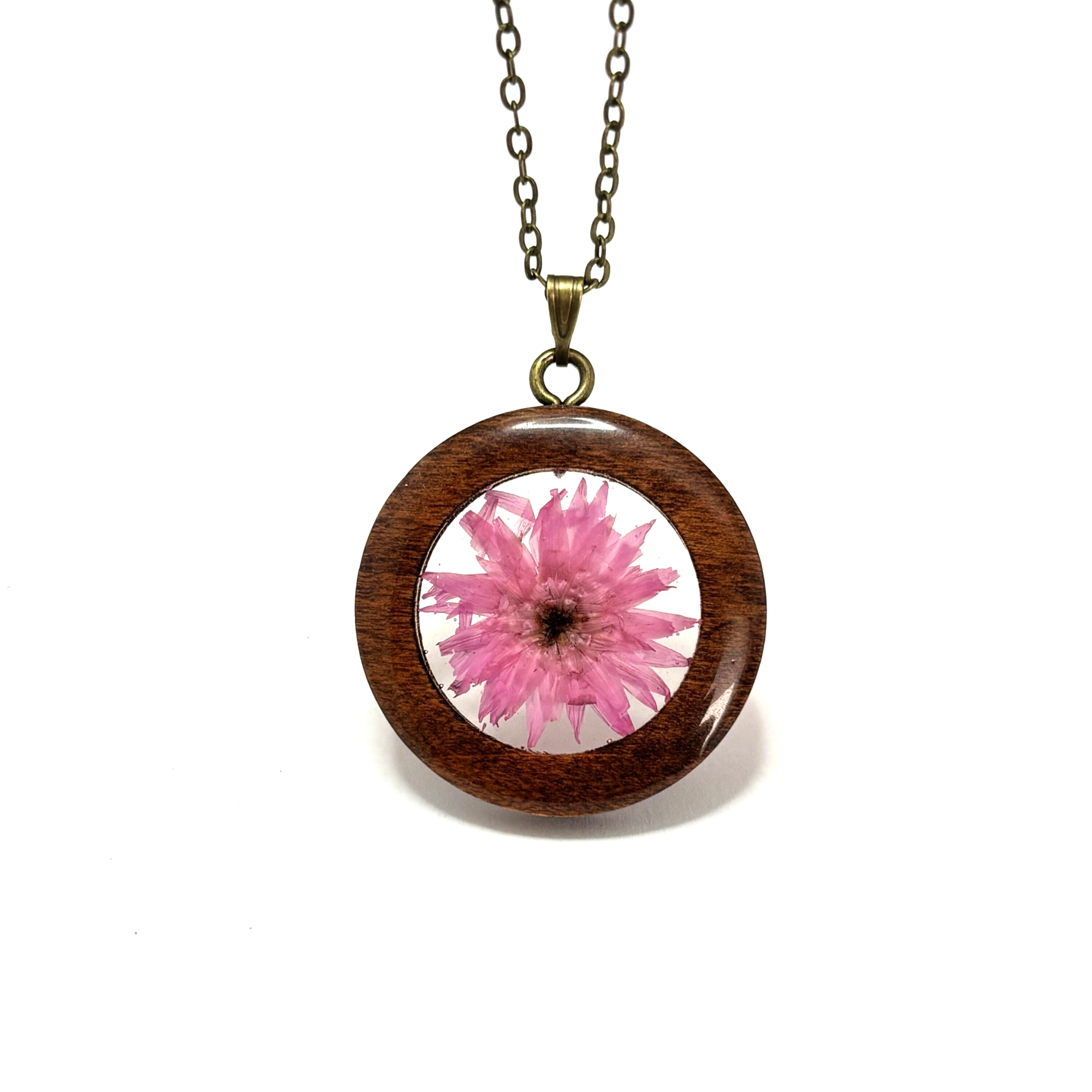 Pressed aster flower necklace with wood frame and bronze chain