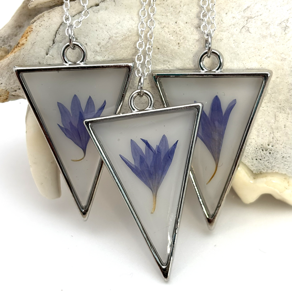 Pressed Blue Bachelor's Button Necklace | Triangle Pendant