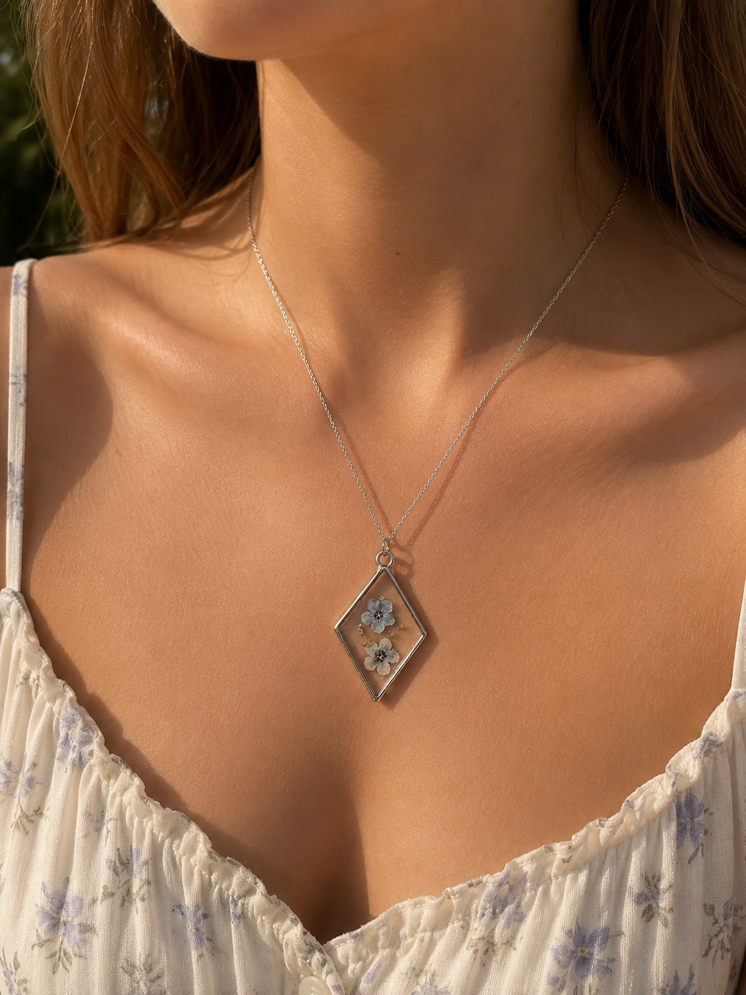 Forget-Me-Not Flower Necklace | Real Pressed Flower Resin Pendant with Gold Flakes | Memorial & Meaningful Gift