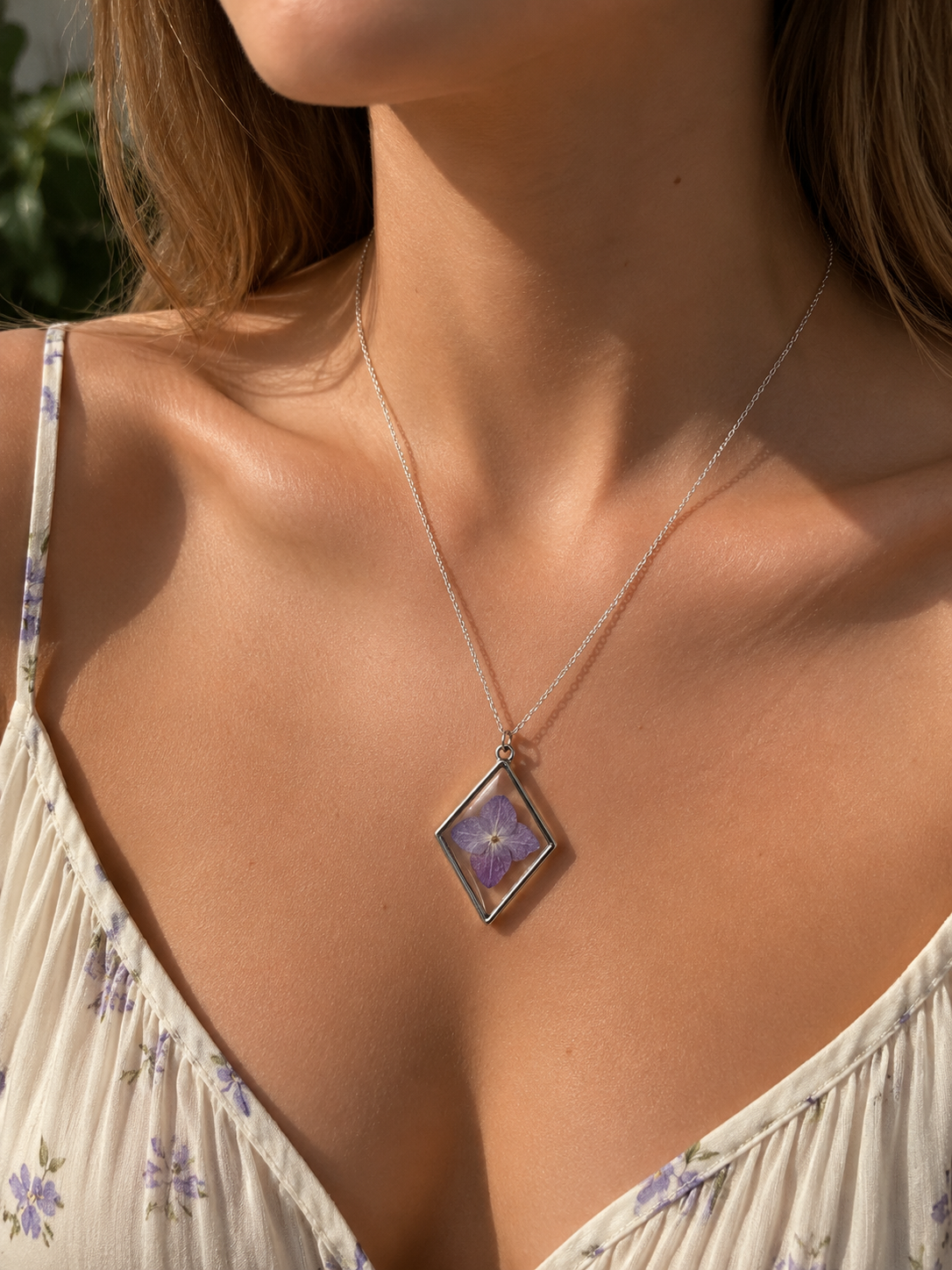 Pressed Hydrangea Necklace | Real Flower Resin Pendant | Purple Botanical Jewelry
