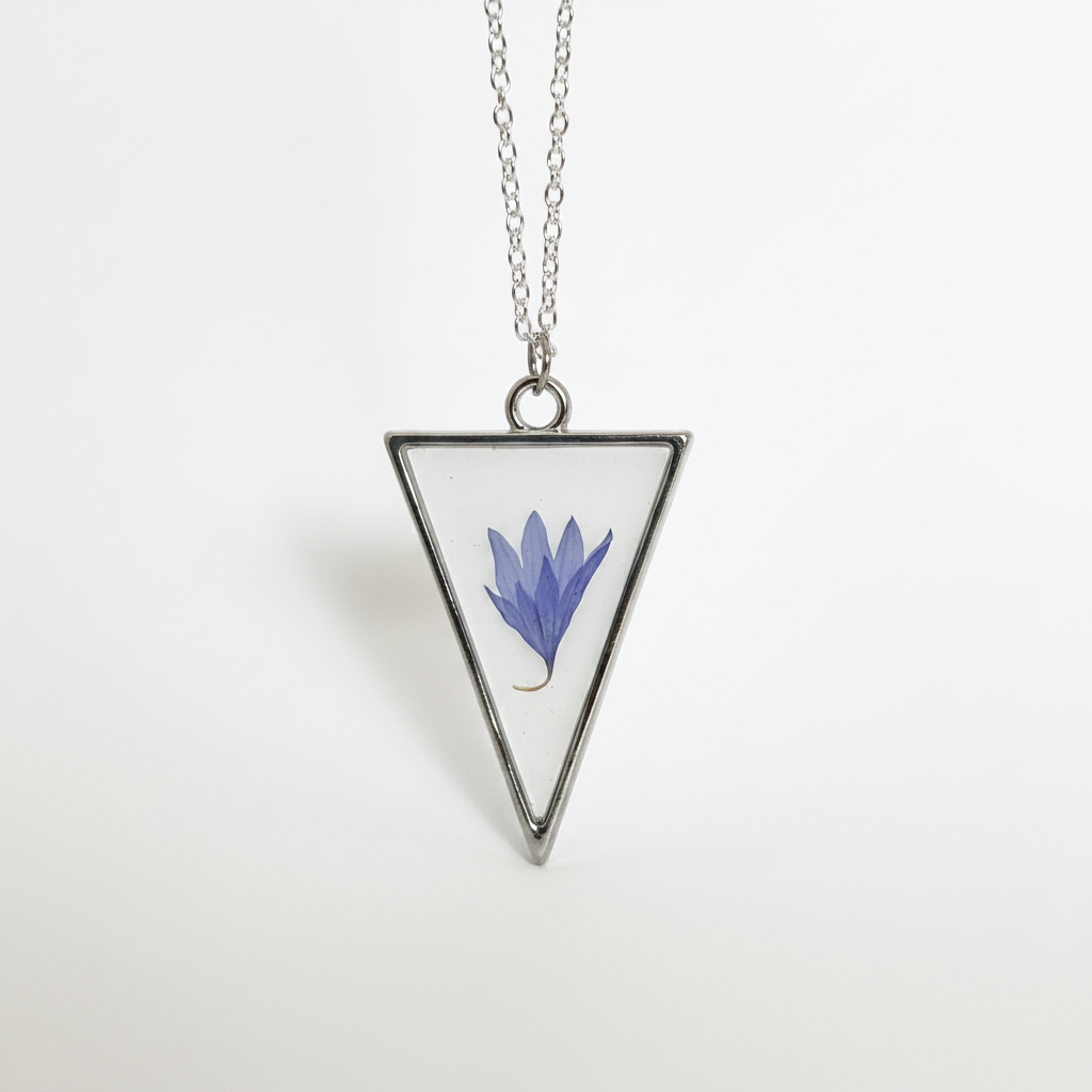 Pressed Blue Bachelor's Button Necklace | Triangle Pendant