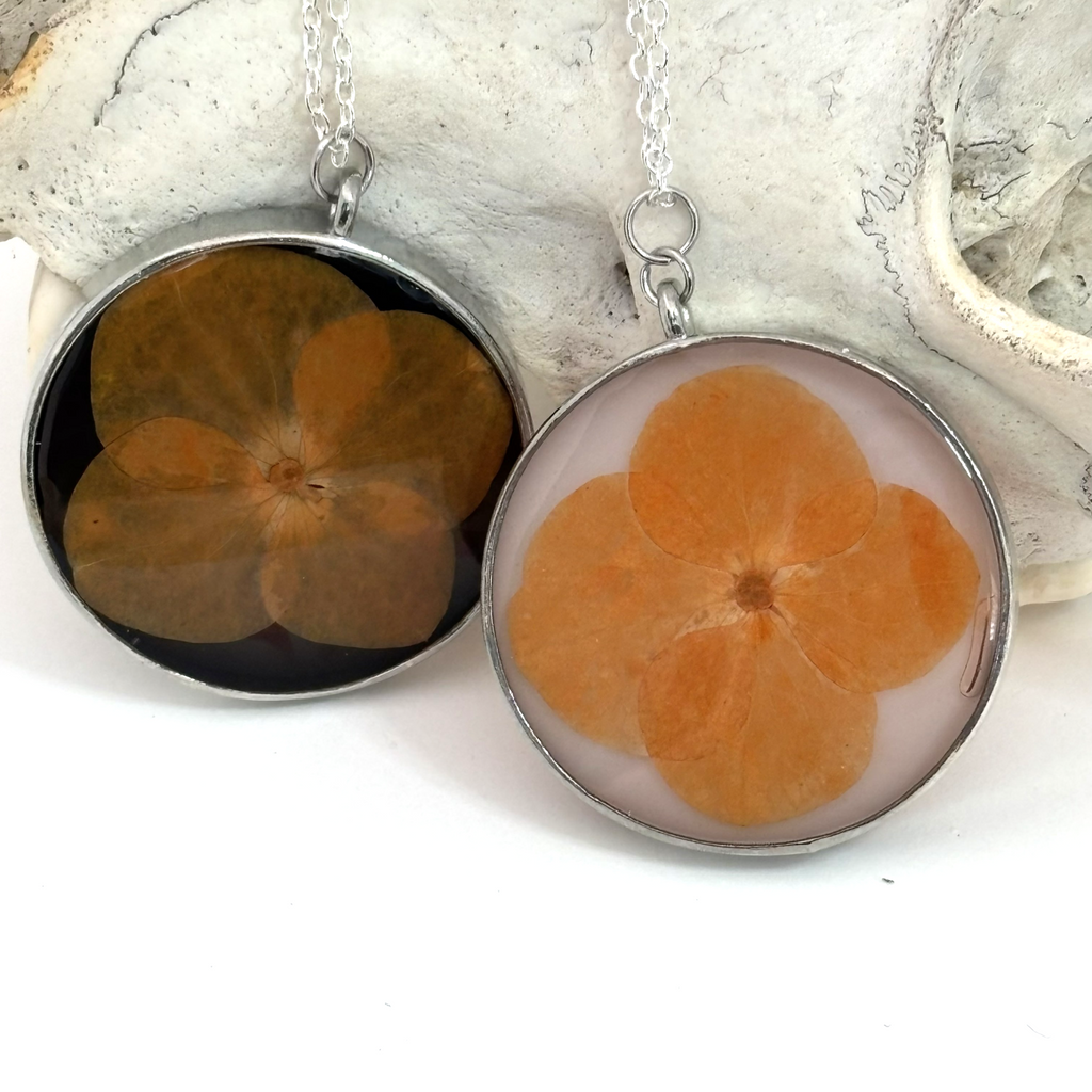 Reversible Orange Hydrangea Necklace | Round Pendant | Two Looks in One