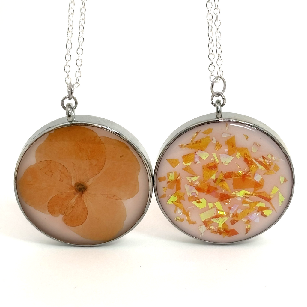 Reversible Orange Hydrangea Necklace | Round Pendant | Two Looks in One