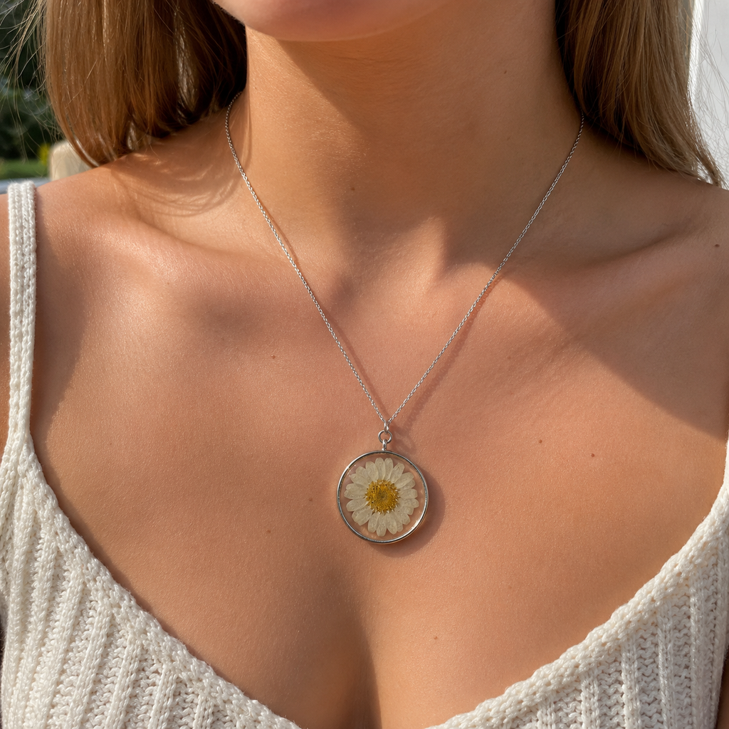 Pressed Daisy Necklace | Real Flower Pendant in Silver Circle Frame