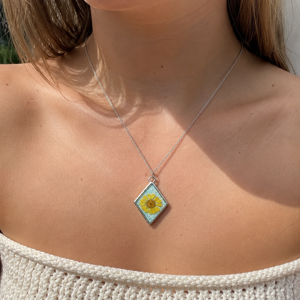 Pressed Yellow Daisy Necklace | Blue Glitter Diamond Pendant