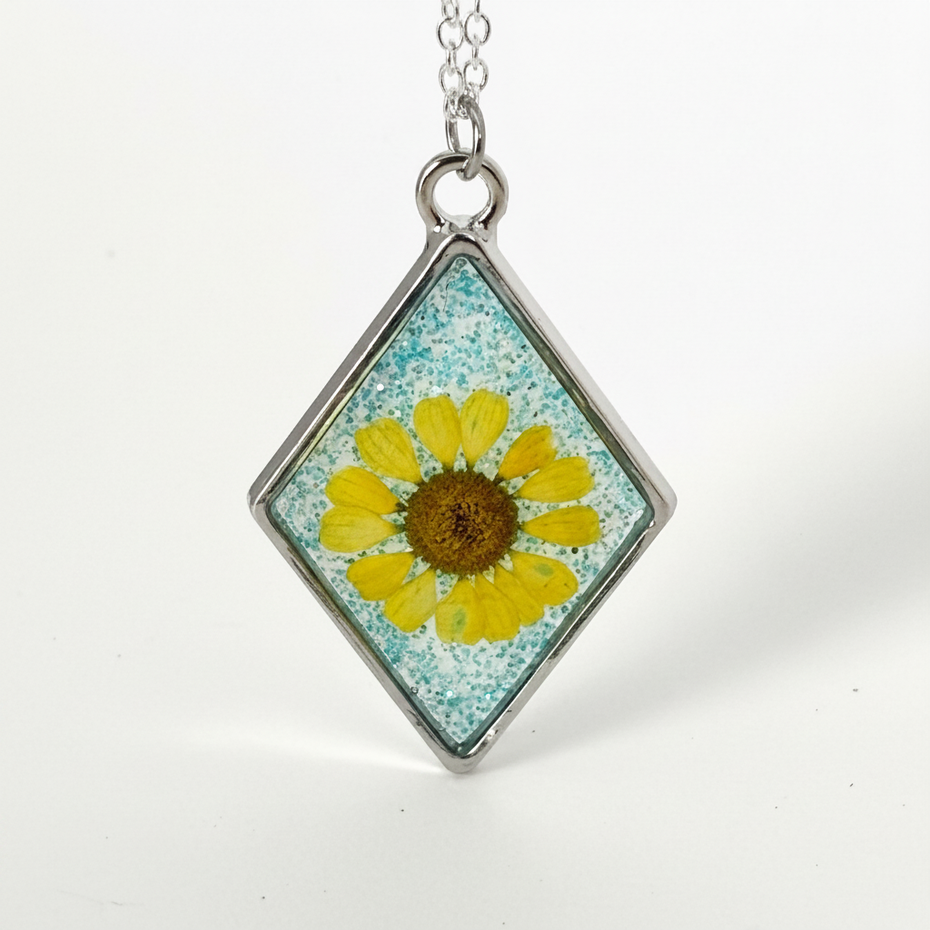 Pressed Yellow Daisy Necklace | Blue Glitter Diamond Pendant