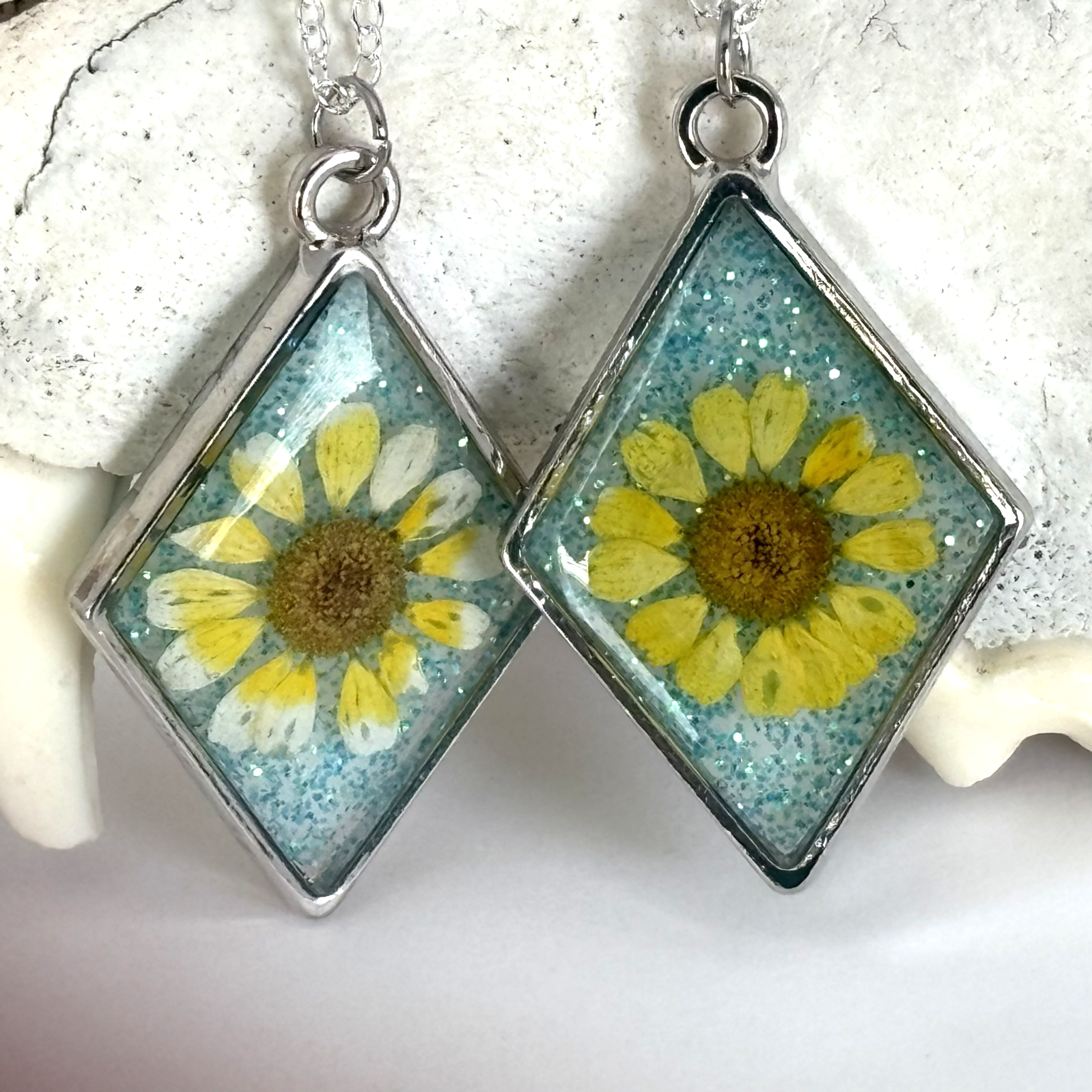 Pressed Yellow Daisy Necklace | Blue Glitter Diamond Pendant